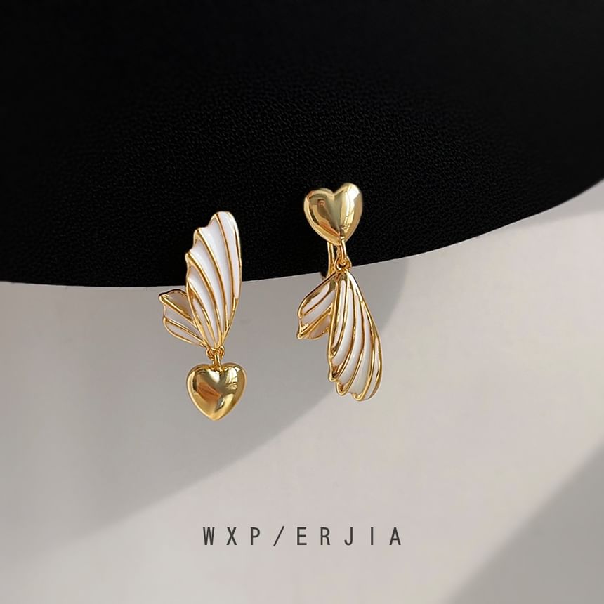 Heart Wing Asymmetrical Clip On Drop Earring