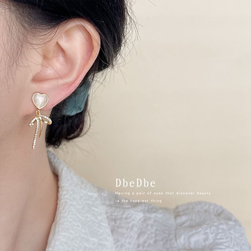 Rhinestone Bow Heart Clip On Drop Earring