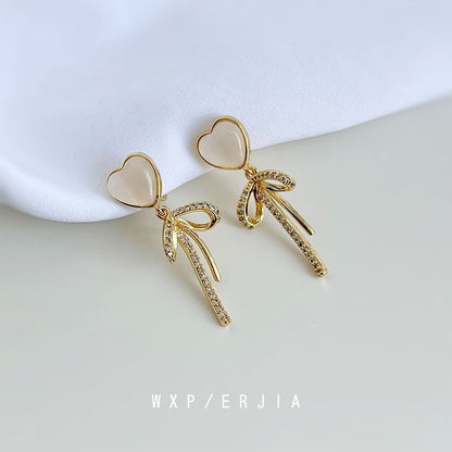 Rhinestone Bow Heart Clip On Drop Earring