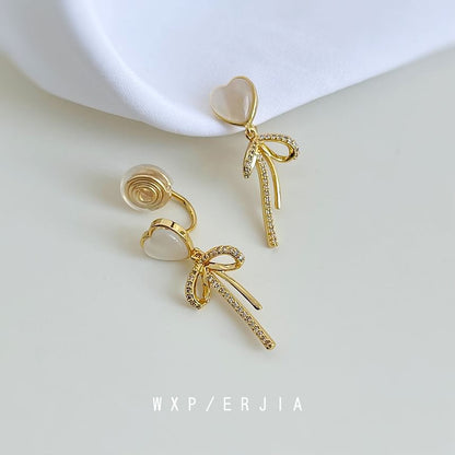 Rhinestone Bow Heart Clip On Drop Earring