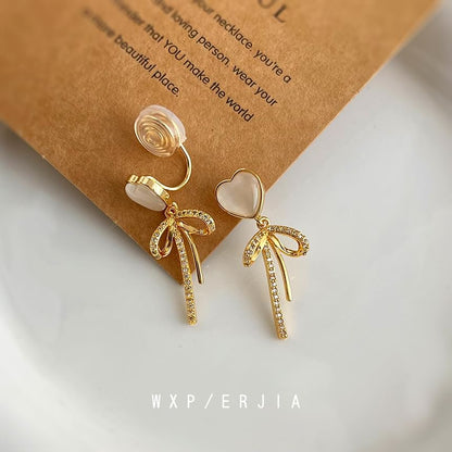 Rhinestone Bow Heart Clip On Drop Earring