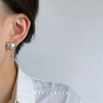 Faux Pearl Heart Rhinestone Clip On Drop Earring