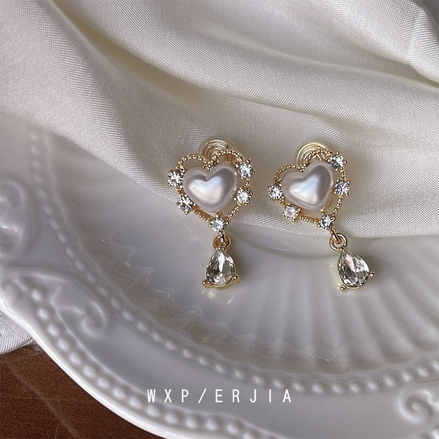 Faux Pearl Heart Rhinestone Clip On Drop Earring