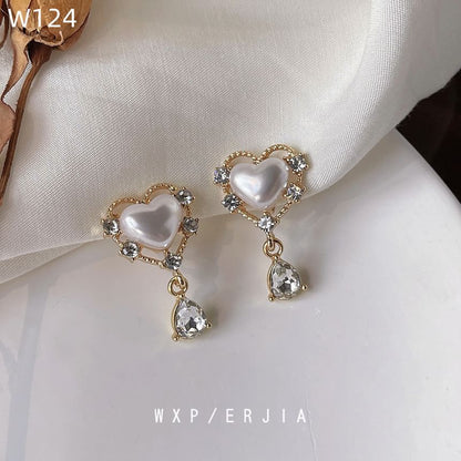 Faux Pearl Heart Rhinestone Clip On Drop Earring