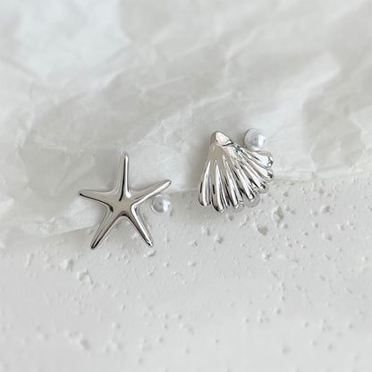 Faux Pearl Starfish Shell Asymmetrical Clip On Earring