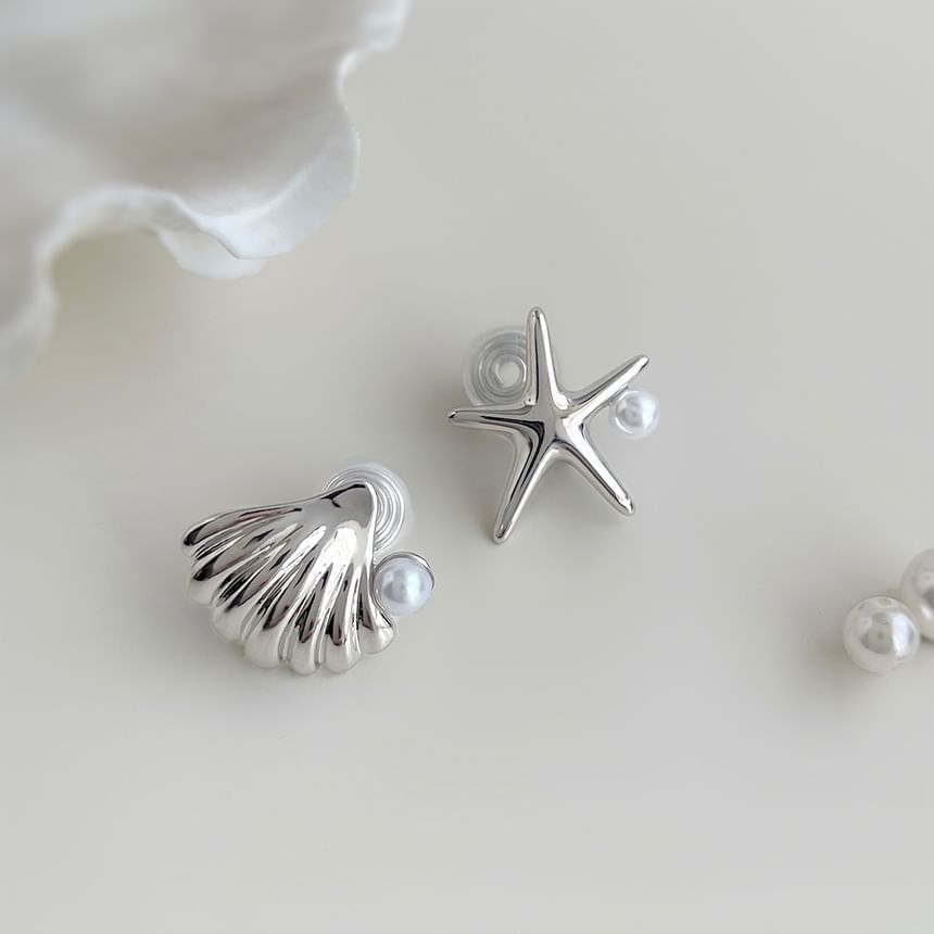Faux Pearl Starfish Shell Asymmetrical Clip On Earring