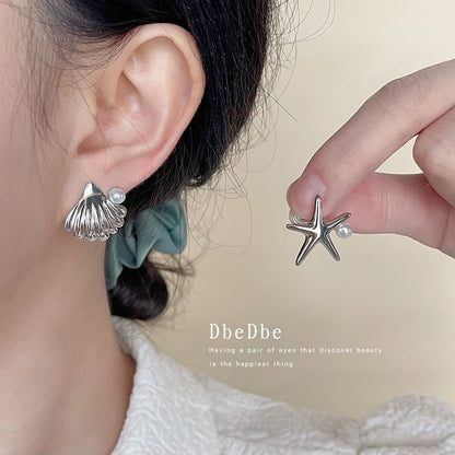 Faux Pearl Starfish Shell Asymmetrical Clip On Earring