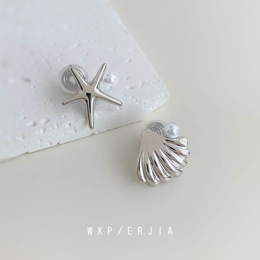 Faux Pearl Starfish Shell Asymmetrical Clip On Earring