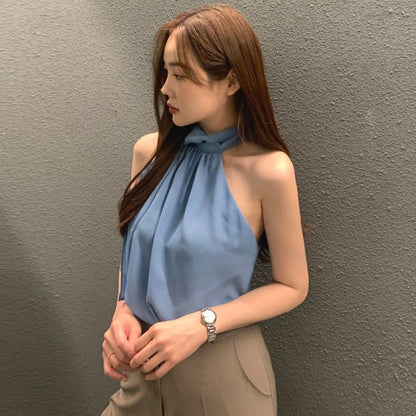 Sleeveless Tie Neck Plain Blouse