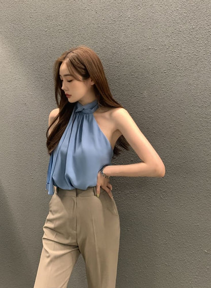 Sleeveless Tie Neck Plain Blouse