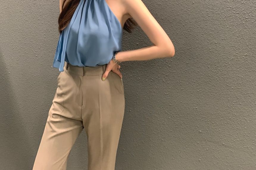 Sleeveless Tie Neck Plain Blouse