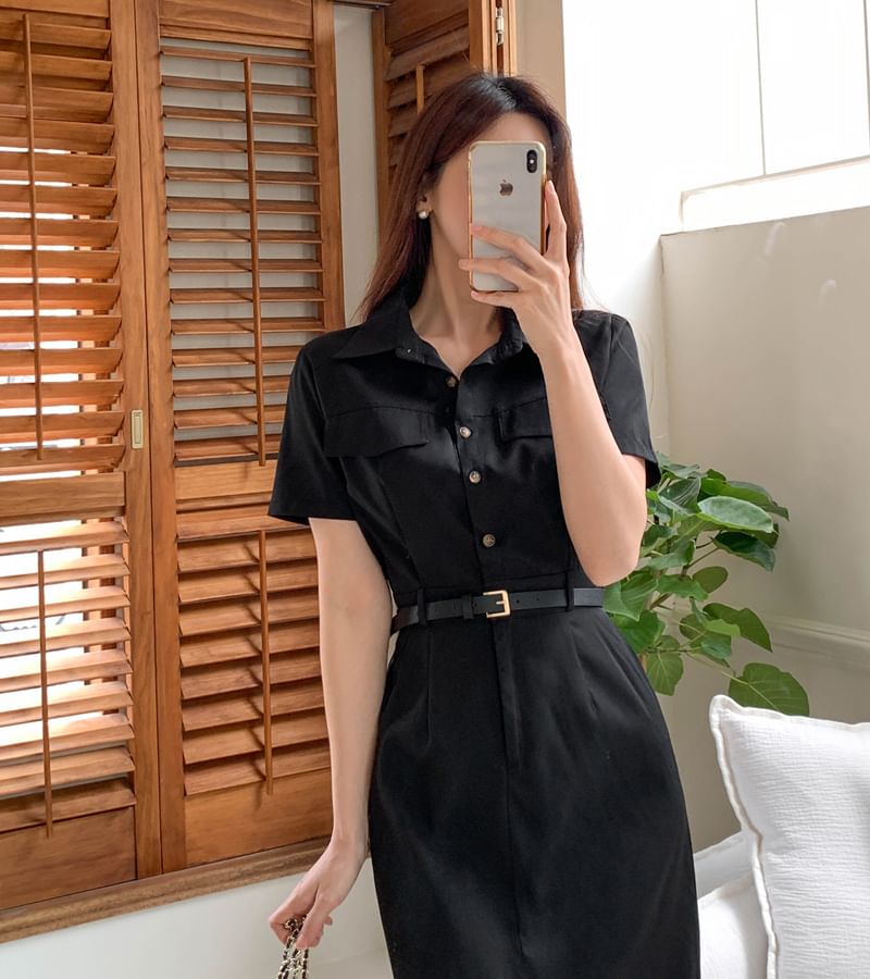 Short-Sleeve Half Buttoned Plain Maxi Shirt Dress