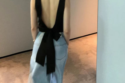 Sleeveless Open Back Plain Crop Top