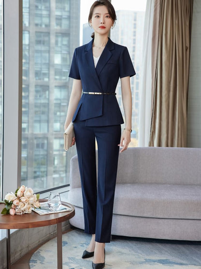 Stylish Asymmetrical Slit Blazer with Mini Pencil Skirt & Cropped Trousers