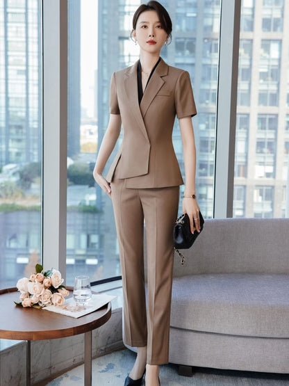 Stylish Asymmetrical Slit Blazer with Mini Pencil Skirt & Cropped Trousers