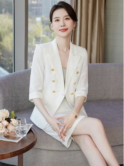 Elegant Double-Breasted 3/4-Sleeve Blazer with Mini Pencil Skirt & Cropped Flared Trousers