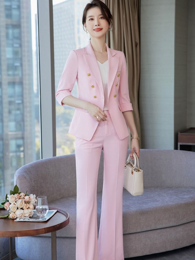 Elegant Double-Breasted 3/4-Sleeve Blazer with Mini Pencil Skirt & Cropped Flared Trousers