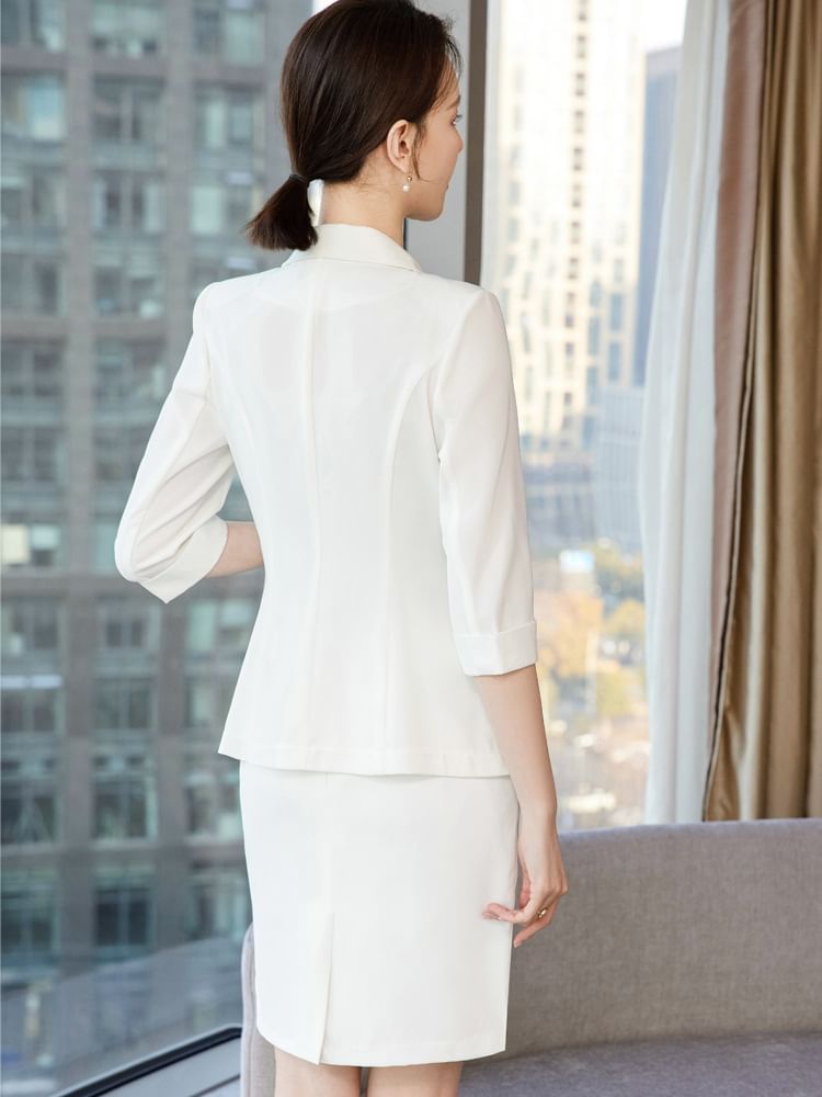 Elegant Double-Breasted 3/4-Sleeve Blazer with Mini Pencil Skirt & Cropped Flared Trousers