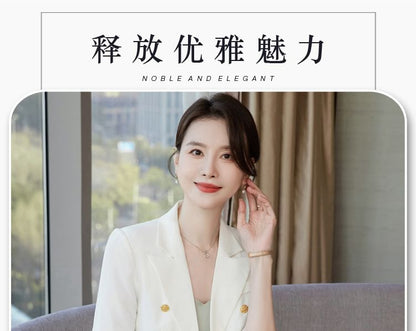 Elegant Double-Breasted 3/4-Sleeve Blazer with Mini Pencil Skirt & Cropped Flared Trousers
