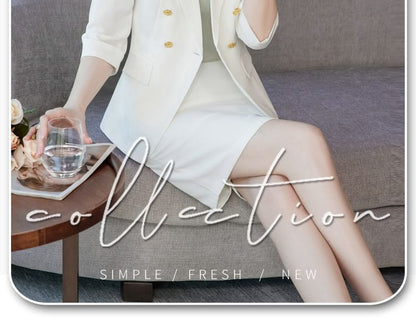 Elegant Double-Breasted 3/4-Sleeve Blazer with Mini Pencil Skirt & Cropped Flared Trousers