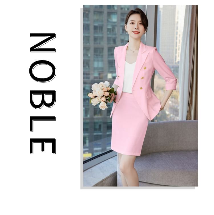 Elegant Double-Breasted 3/4-Sleeve Blazer with Mini Pencil Skirt & Cropped Flared Trousers