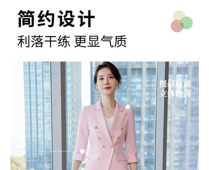 Elegant Double-Breasted 3/4-Sleeve Blazer with Mini Pencil Skirt & Cropped Flared Trousers