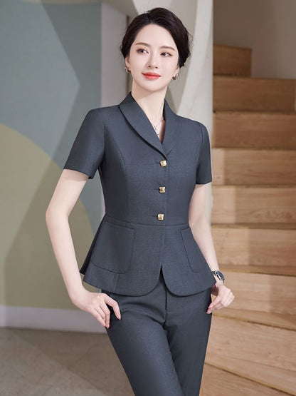 Chic Shawl Collar Short-Sleeve Blazer Set with Mini Skirt & Straight-Leg Cropped Pants
