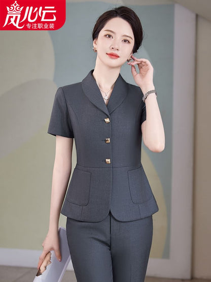 Chic Shawl Collar Short-Sleeve Blazer Set with Mini Skirt & Straight-Leg Cropped Pants