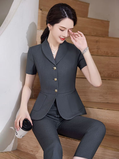 Chic Shawl Collar Short-Sleeve Blazer Set with Mini Skirt & Straight-Leg Cropped Pants