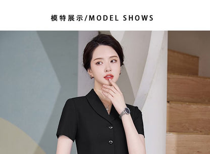 Chic Shawl Collar Short-Sleeve Blazer Set with Mini Skirt & Straight-Leg Cropped Pants