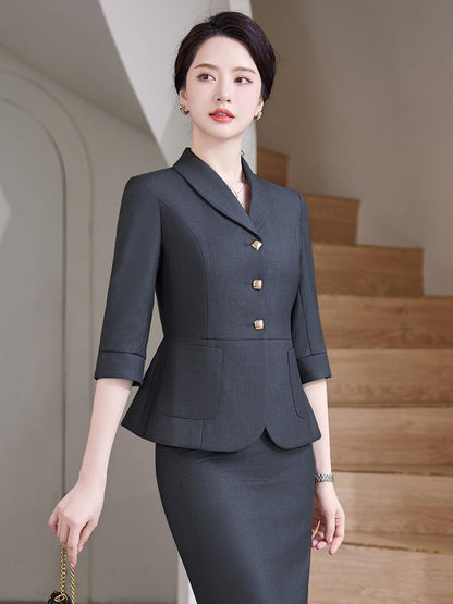 Refined Single-Breasted 3/4-Sleeve Blazer Set with High-Rise Mini Skirt & Cropped Pants