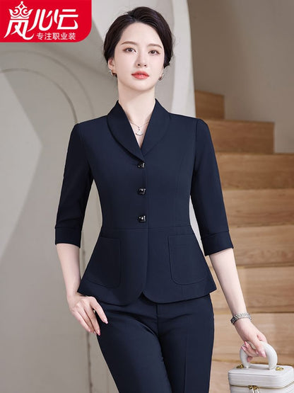 Refined Single-Breasted 3/4-Sleeve Blazer Set with High-Rise Mini Skirt & Cropped Pants