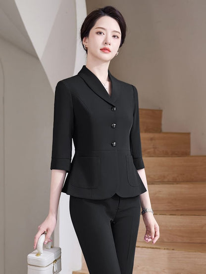 Refined Single-Breasted 3/4-Sleeve Blazer Set with High-Rise Mini Skirt & Cropped Pants