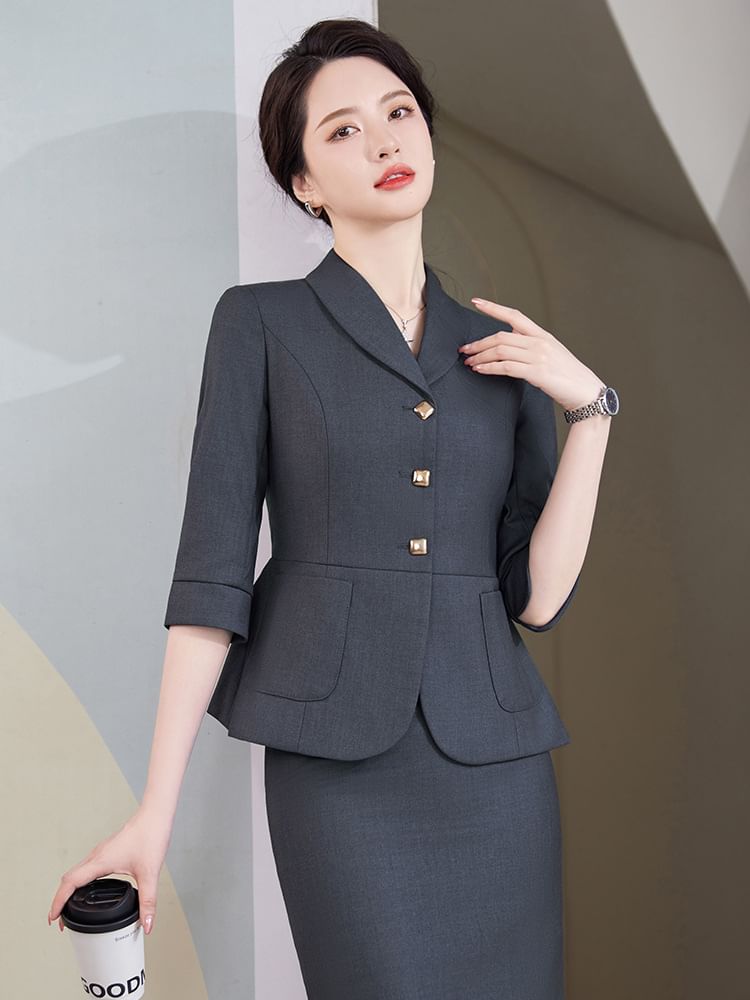 Refined Single-Breasted 3/4-Sleeve Blazer Set with High-Rise Mini Skirt & Cropped Pants
