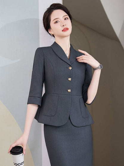 Refined Single-Breasted 3/4-Sleeve Blazer Set with High-Rise Mini Skirt & Cropped Pants