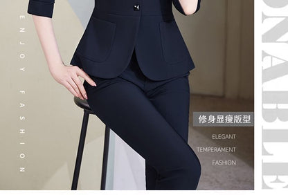 Refined Single-Breasted 3/4-Sleeve Blazer Set with High-Rise Mini Skirt & Cropped Pants