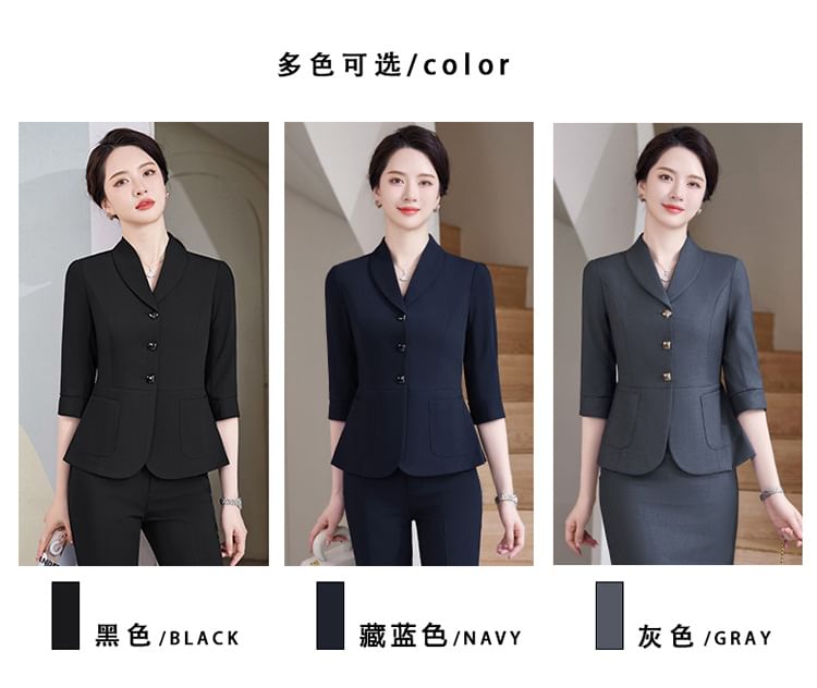 Refined Single-Breasted 3/4-Sleeve Blazer Set with High-Rise Mini Skirt & Cropped Pants