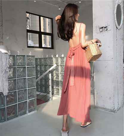 Spaghetti Sundress Strap Plain Back Open Maxi
