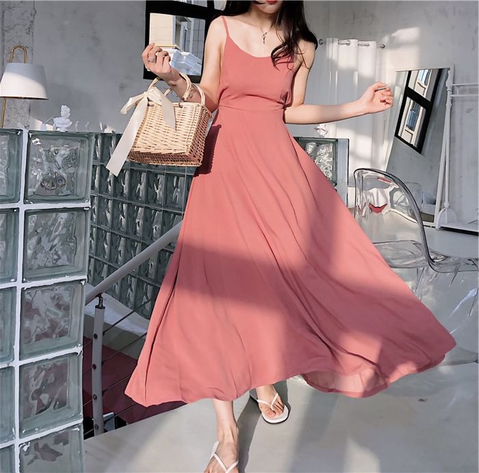 Spaghetti Sundress Strap Plain Back Open Maxi