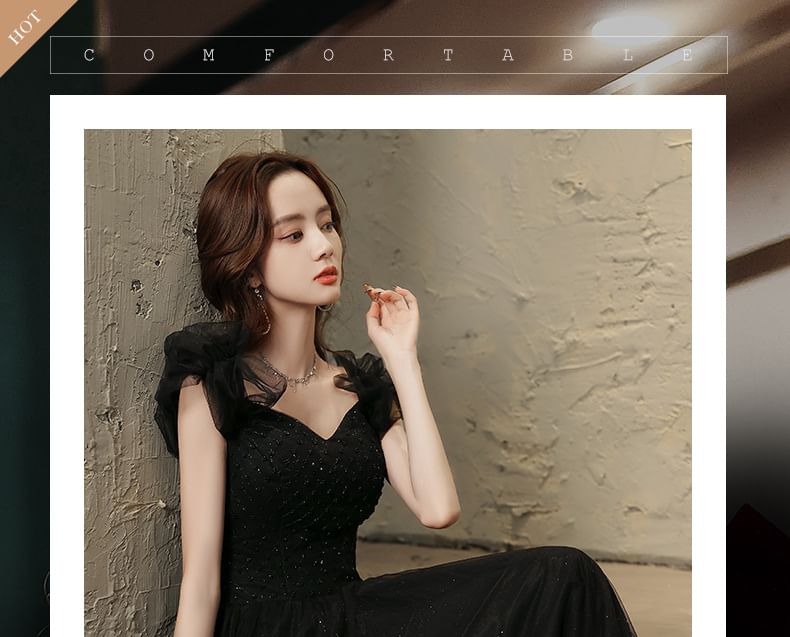 Short-Sleeve A-Line Mesh V-Neck Evening Gown