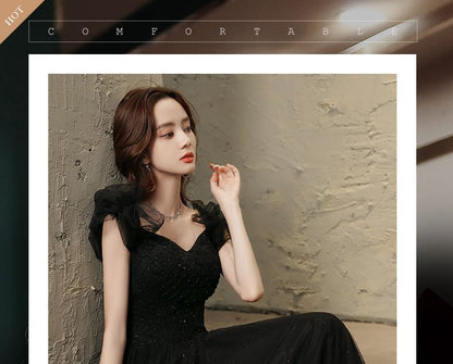 Short-Sleeve A-Line Mesh V-Neck Evening Gown