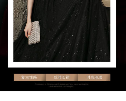Short-Sleeve A-Line Mesh V-Neck Evening Gown