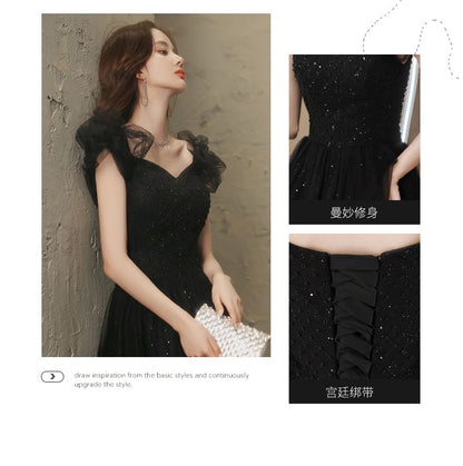 Short-Sleeve A-Line Mesh V-Neck Evening Gown