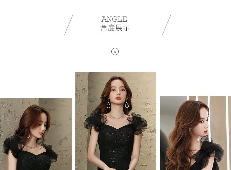 Short-Sleeve A-Line Mesh V-Neck Evening Gown