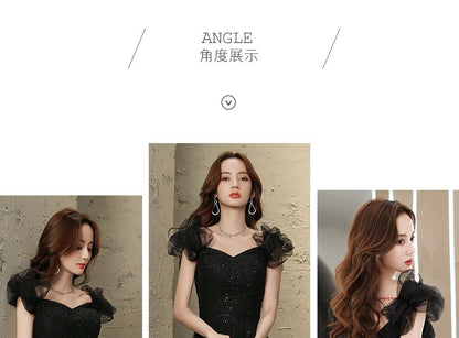 Short-Sleeve A-Line Mesh V-Neck Evening Gown