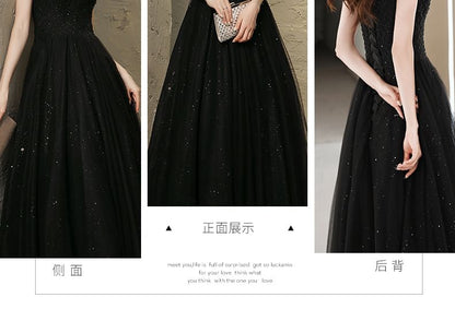 Short-Sleeve A-Line Mesh V-Neck Evening Gown