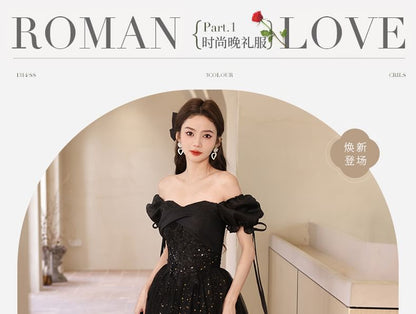 Puff Sleeve Sweetheart Neckline Mesh A-Line Evening Gown