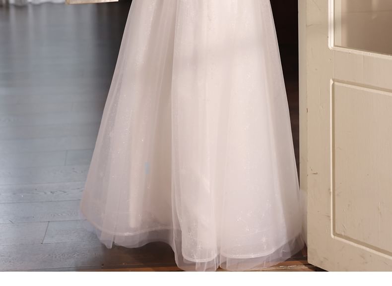 Puff-Sleeve Square Gown Neck A-Line Mesh Evening