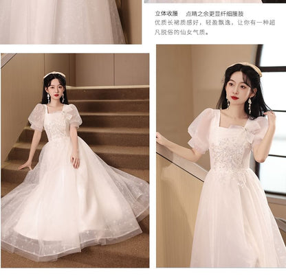 Puff-Sleeve Square Gown Neck A-Line Mesh Evening