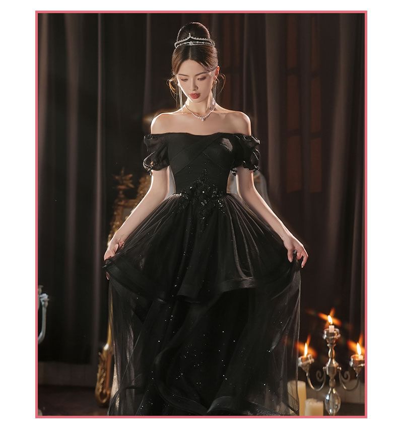 Short-Sleeve Square Neck Mesh A-Line Evening Gown
